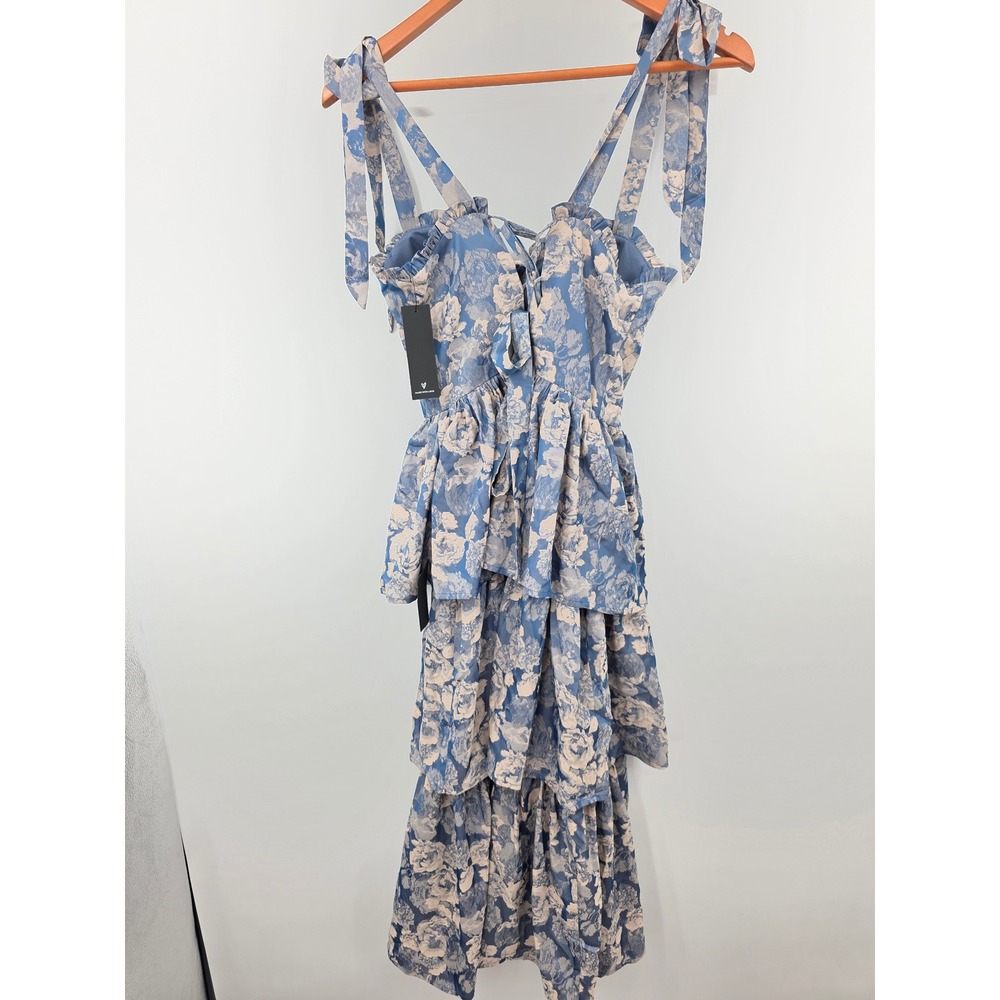 Lulus Lovely Bliss Blue Floral Jacquard Strapless Bustier Midi Dress Size Medium - Picture 9 of 10